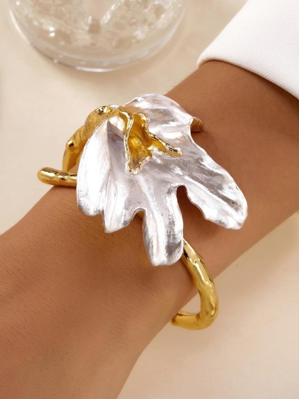 Anthropologie Gold and Silver Floral Petal Cuff Bracelet - Picture 2 of 6